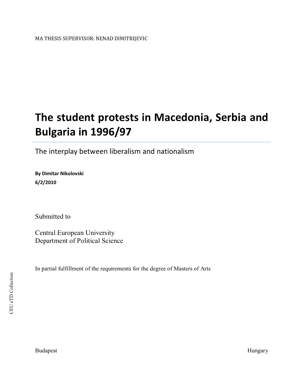 The Student Protests in Macedonia, Serbia and Bulgaria in 1996/97