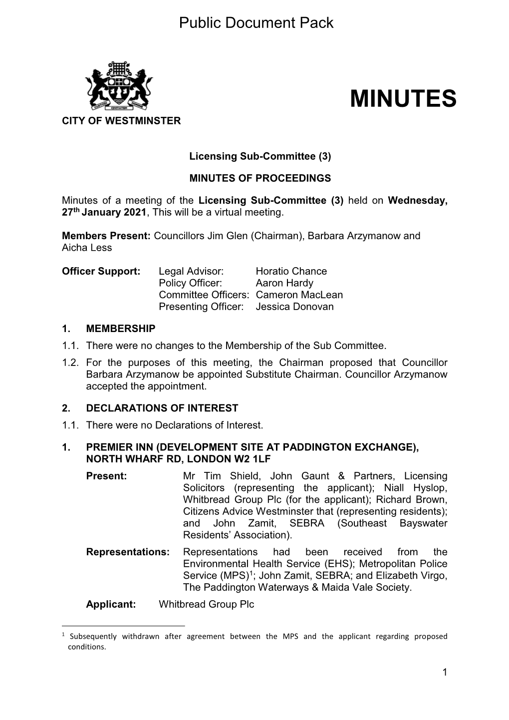 (Public Pack)Minutes Document for Licensing Sub-Committee (3), 27