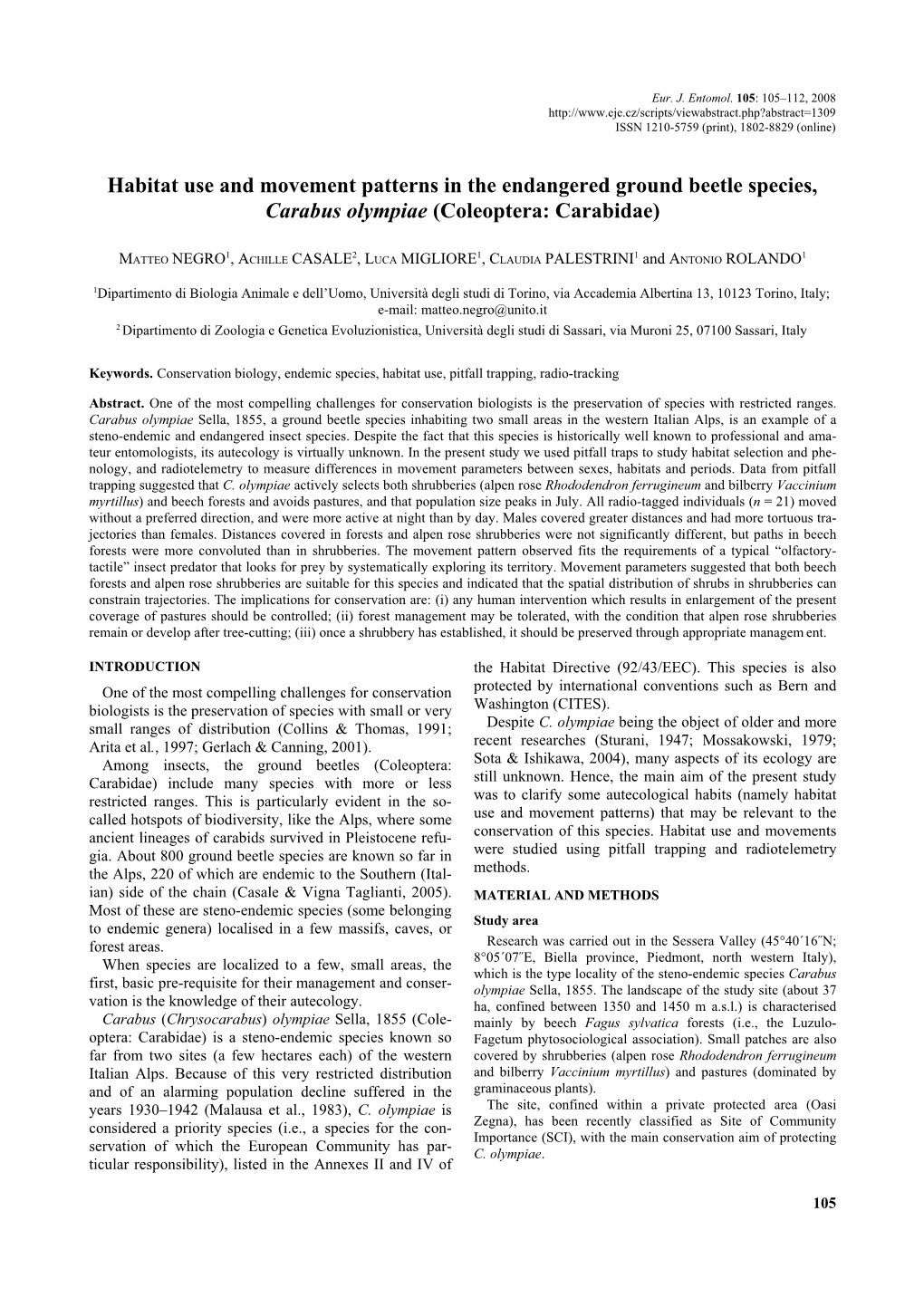 Habitat Use and Movement Patterns in the Endangered Ground Beetle Species, Carabus Olympiae (Coleoptera: Carabidae)