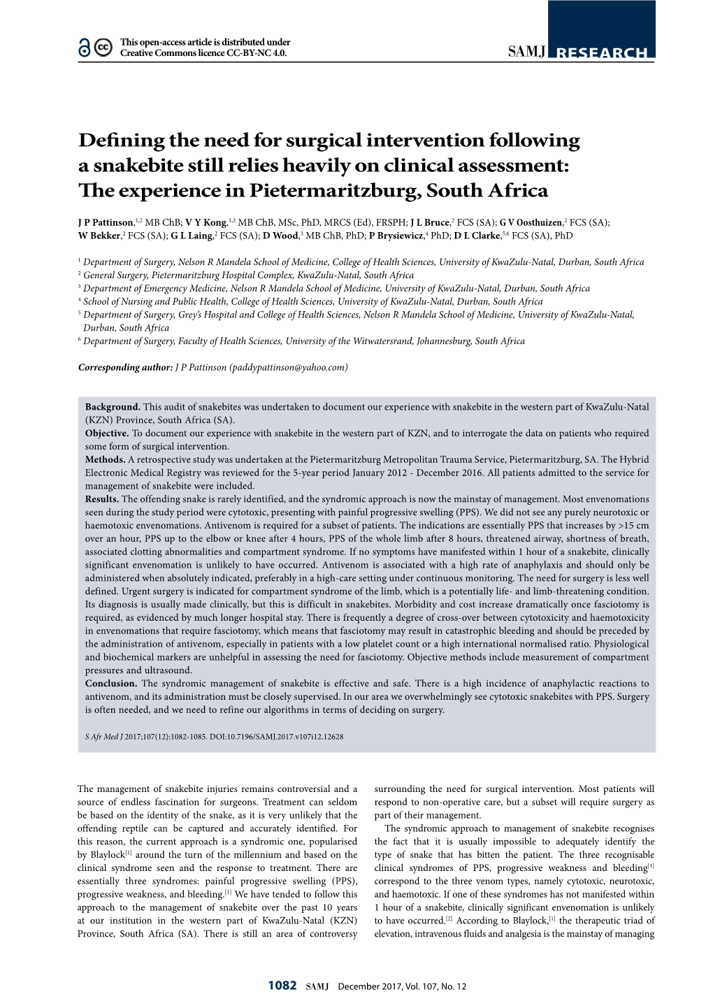 Defining the Need for Surgical Intervention Following a Snakebite Still Relies Heavily on Clinical Assessment: the Experience in Pietermaritzburg, South Africa