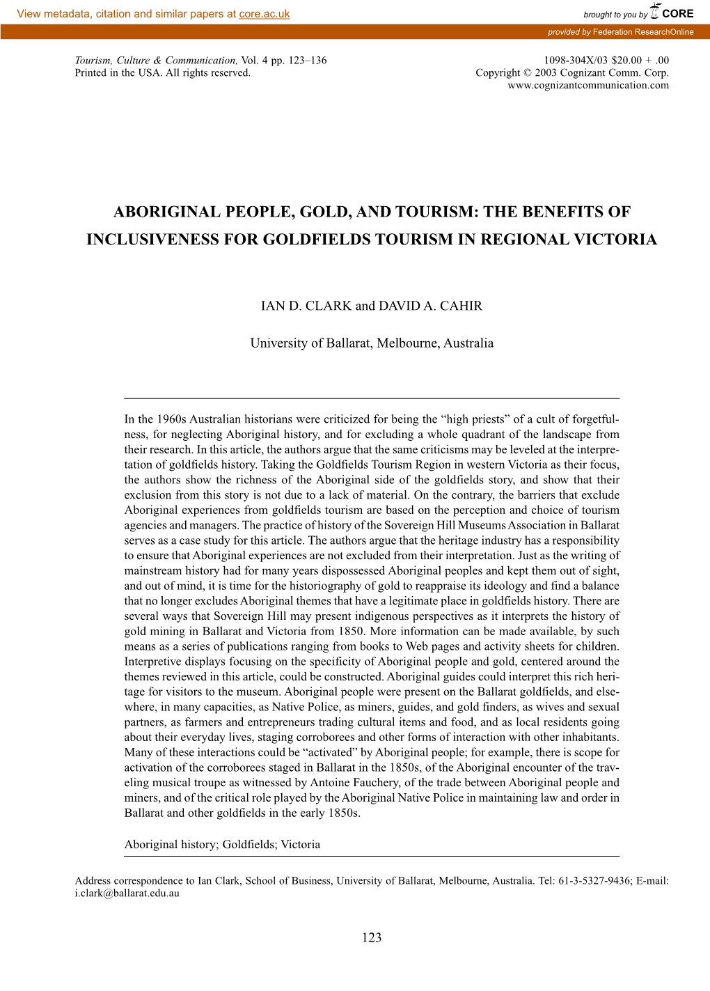 Aboriginal People, Gold, and Tourism: the Benefits of Inclusiveness for Goldfields Tourism in Regional Victoria