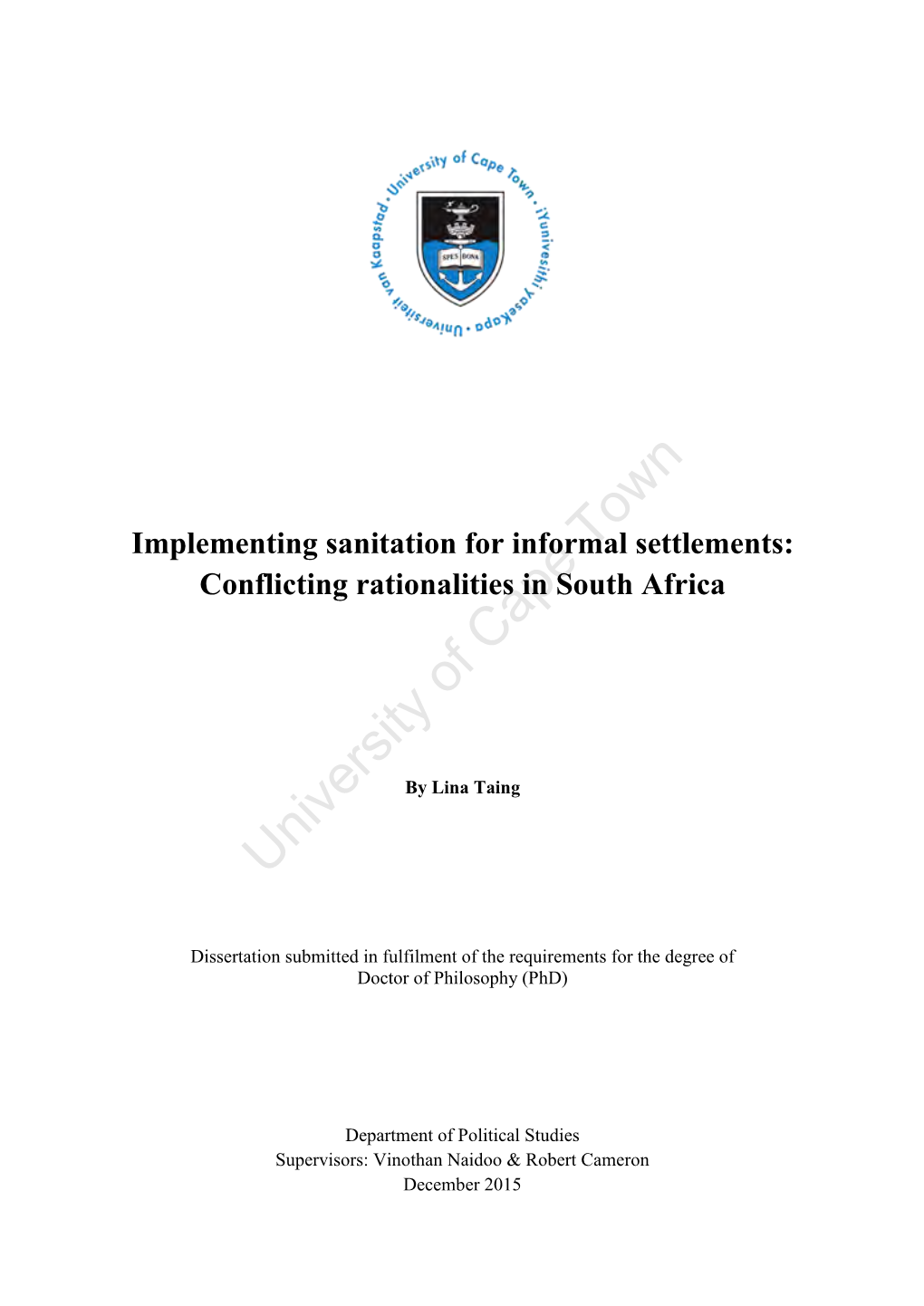 Implementing Sanitation for Informal Settlements: Conflicting Rationalities in South Africa