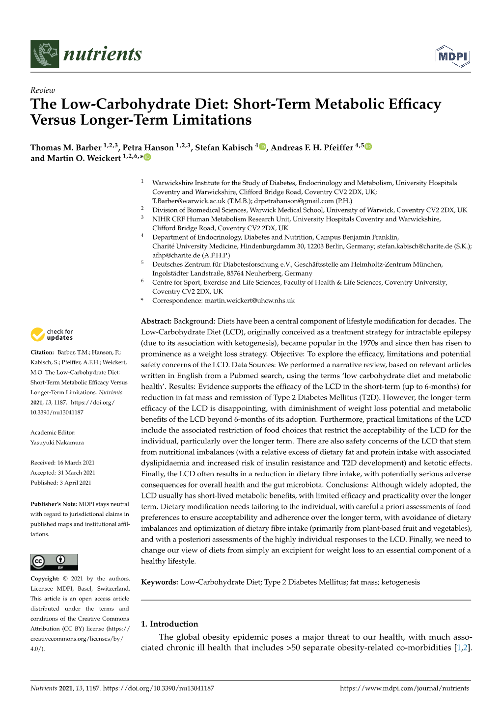 The Low-Carbohydrate Diet: Short-Term Metabolic Efﬁcacy Versus Longer-Term Limitations