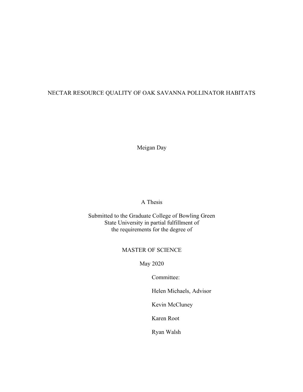 Nectar Resource Quality of Oak Savanna Pollinator Habitats