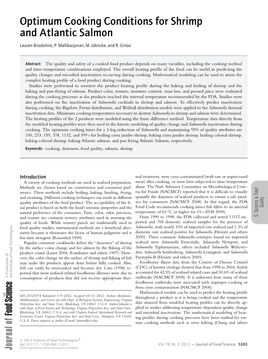 Optimum Cooking Conditions for Shrimp and Atlantic Salmon