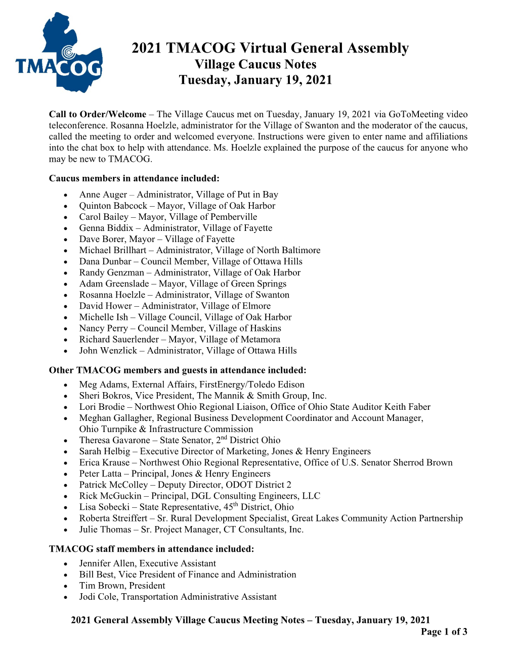 Village Caucus Notes Tuesday, January 19, 2021