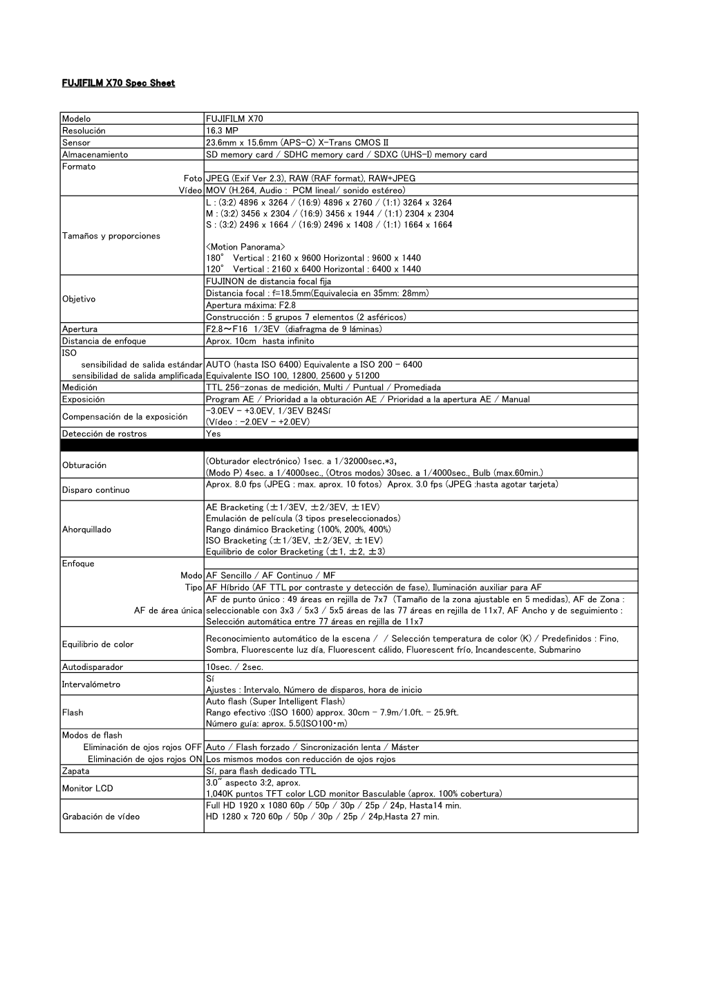 FUJIFILM X70 Spec Sheet Modelo FUJIFILM X70