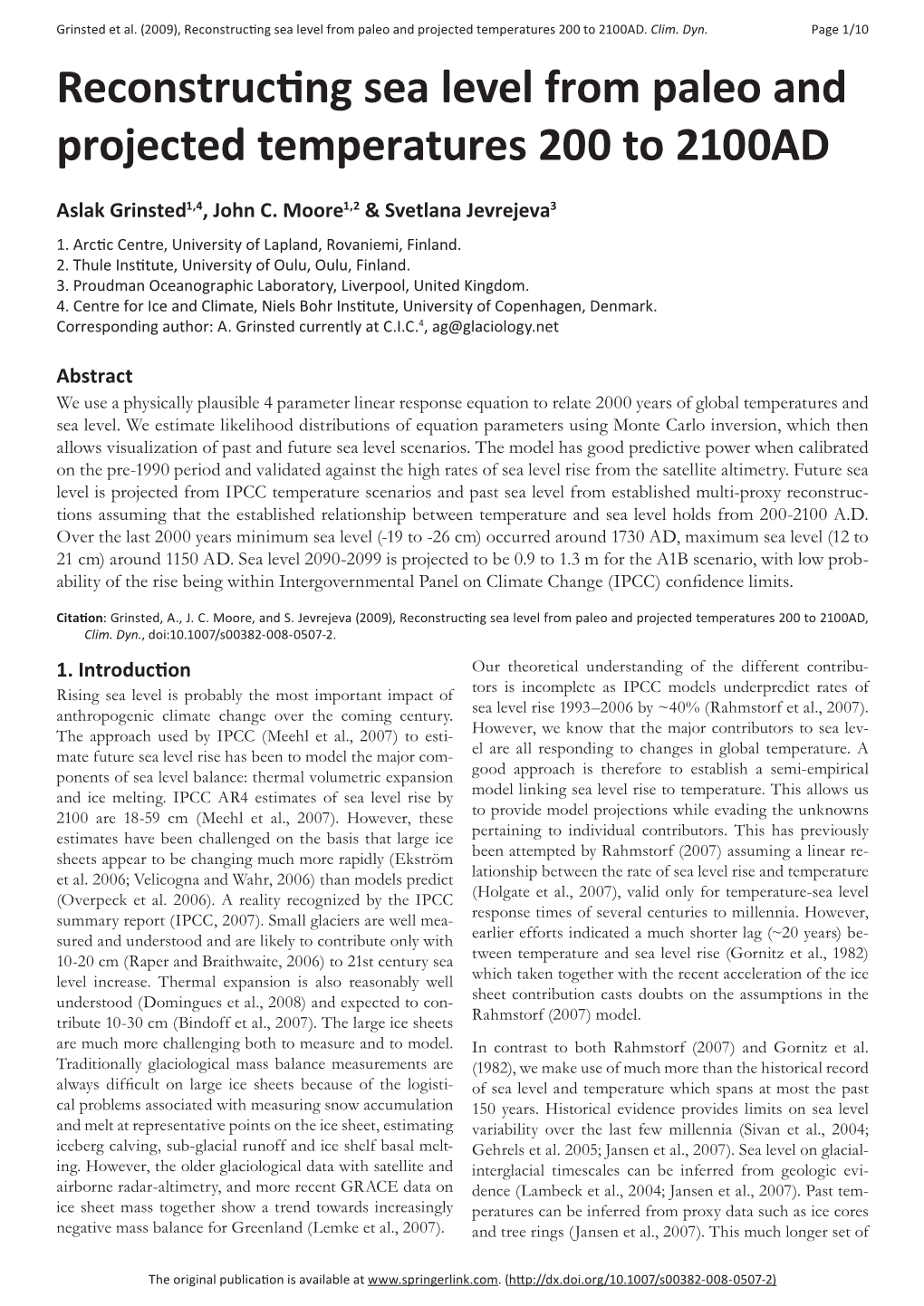 Reconstructing Sea Level from Paleo and Projected Temperatures 200 to 2100AD