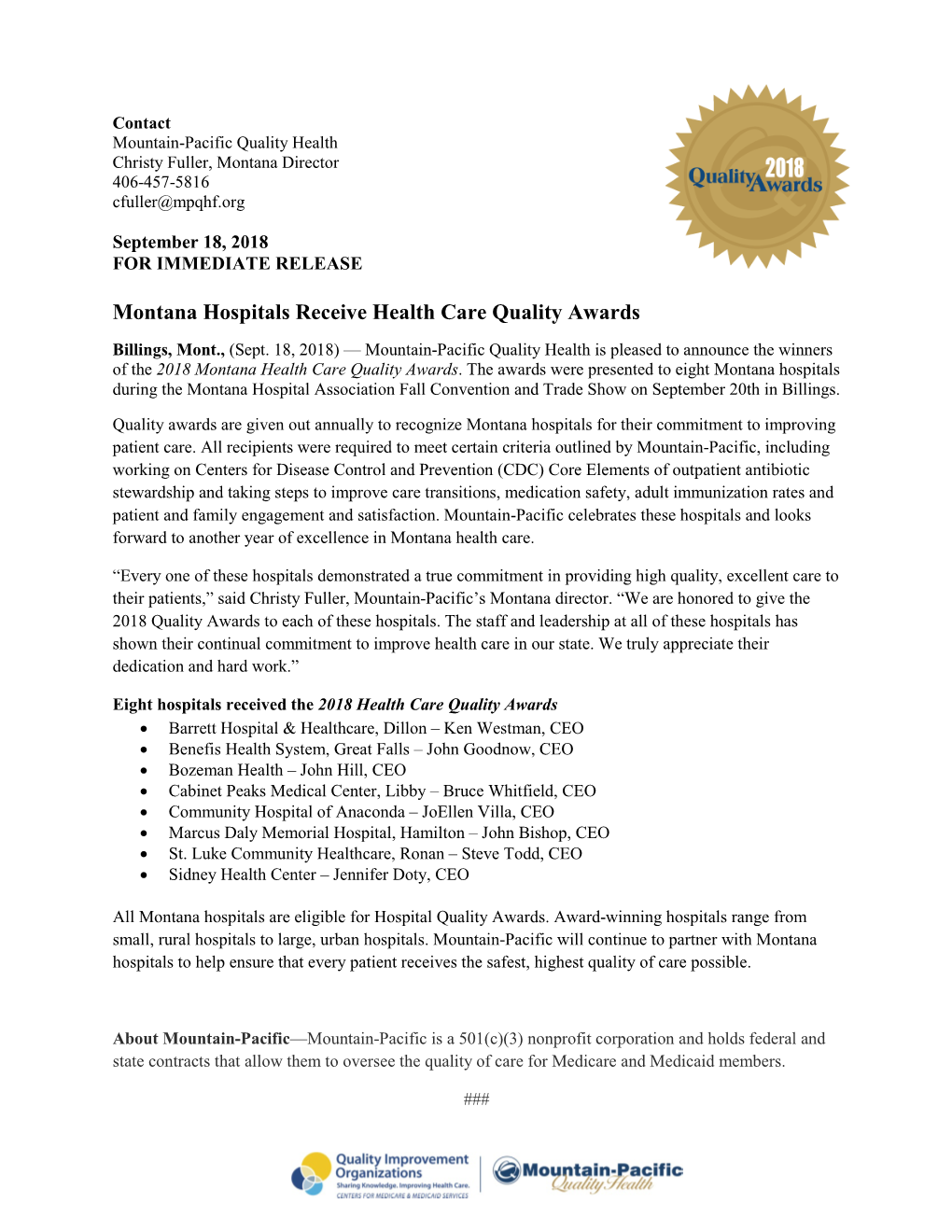 Montana Hospitals Receive Health Care Quality Awards