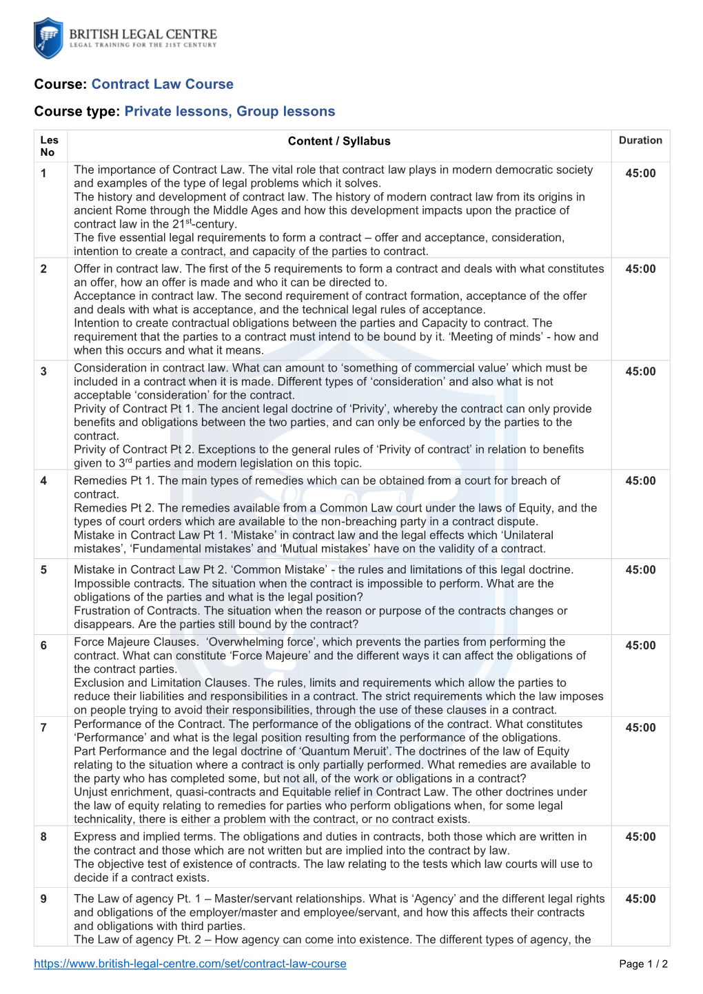 Syllabus Duration No 1 the Importance of Contract Law