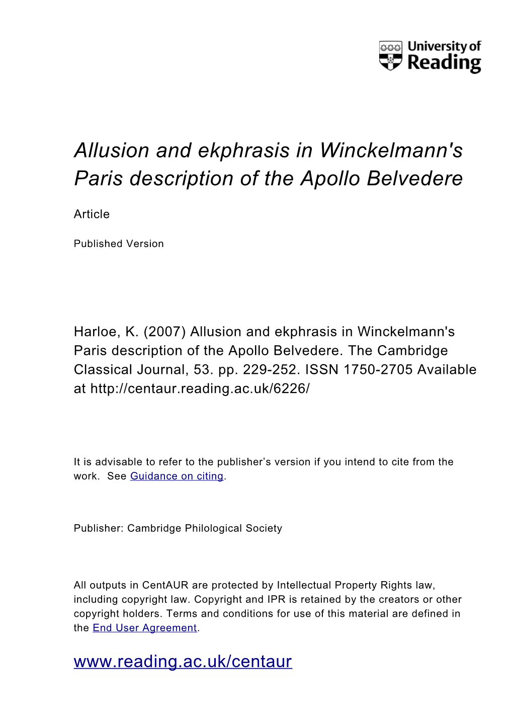 Allusion and Ekphrasis in Winckelmann's Paris Description of the Apollo Belvedere