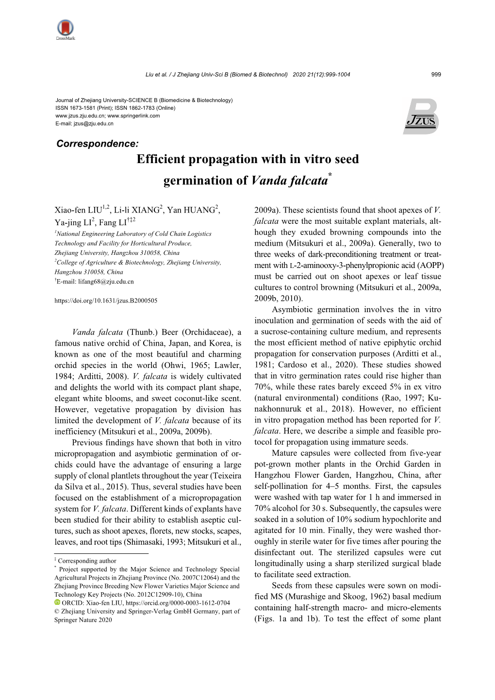 Efficient Propagation with in Vitro Seed Germination of Vanda Falcata*