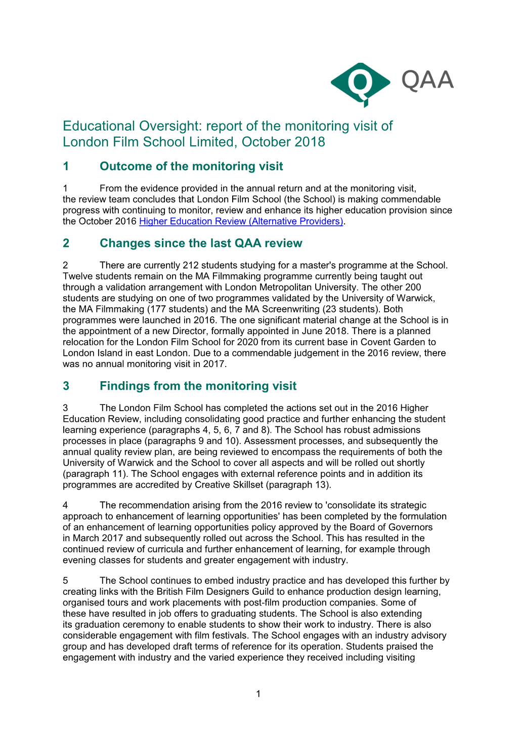 London Film School Ltd, Monitoring Visit Report, October 2018