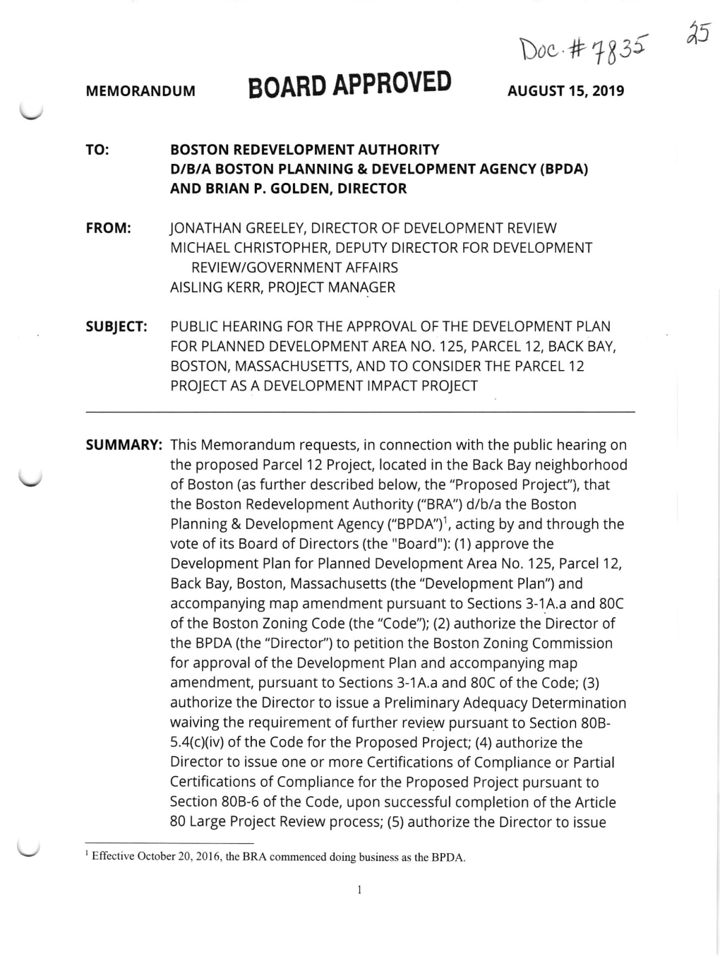 Iroc # %35 MEMORANDUM BOARD APPROVED AUGUST 15,2019