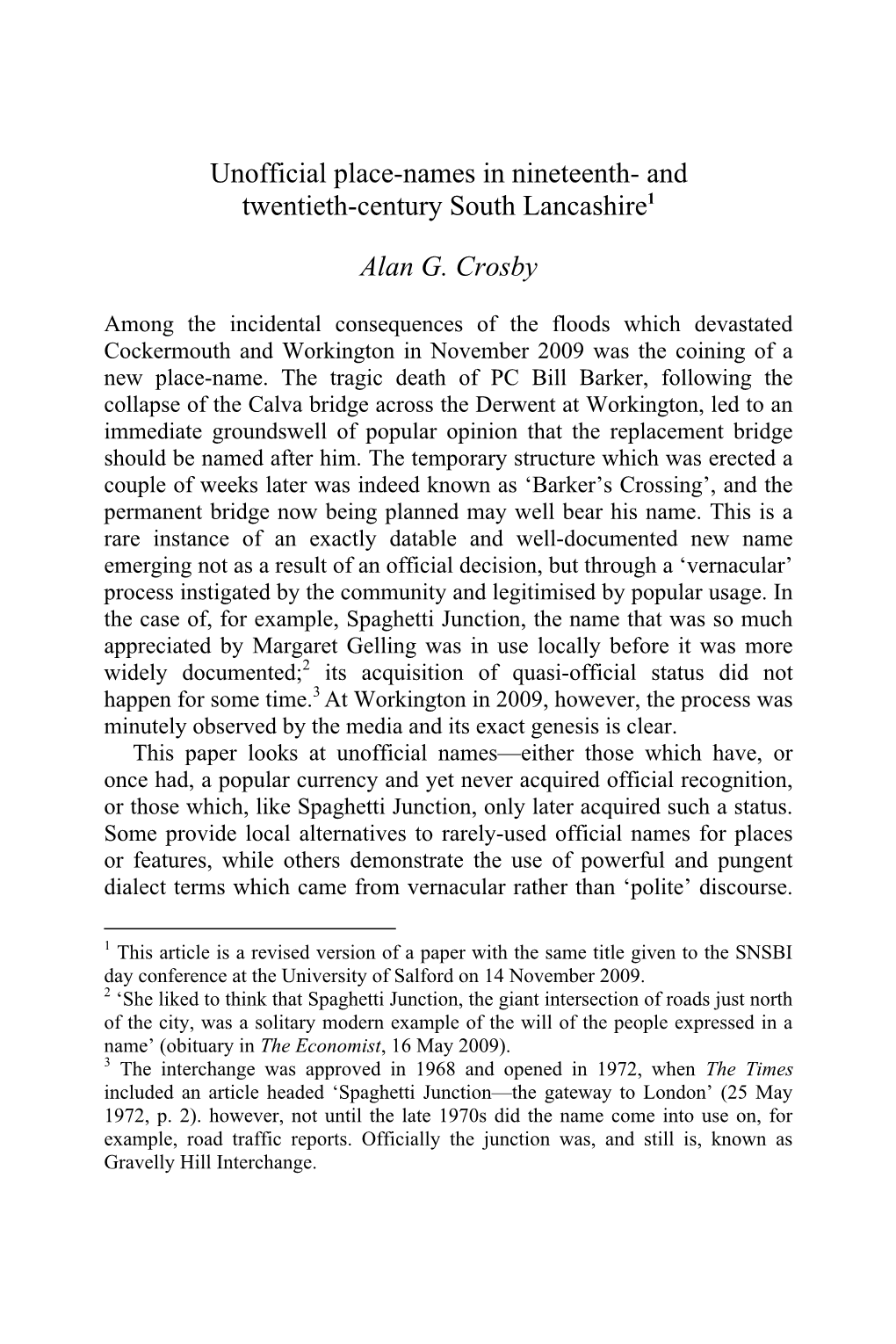 Unofficial Place-Names in Nineteenth- and Twentieth-Century South Lancashire1 Alan G. Crosby