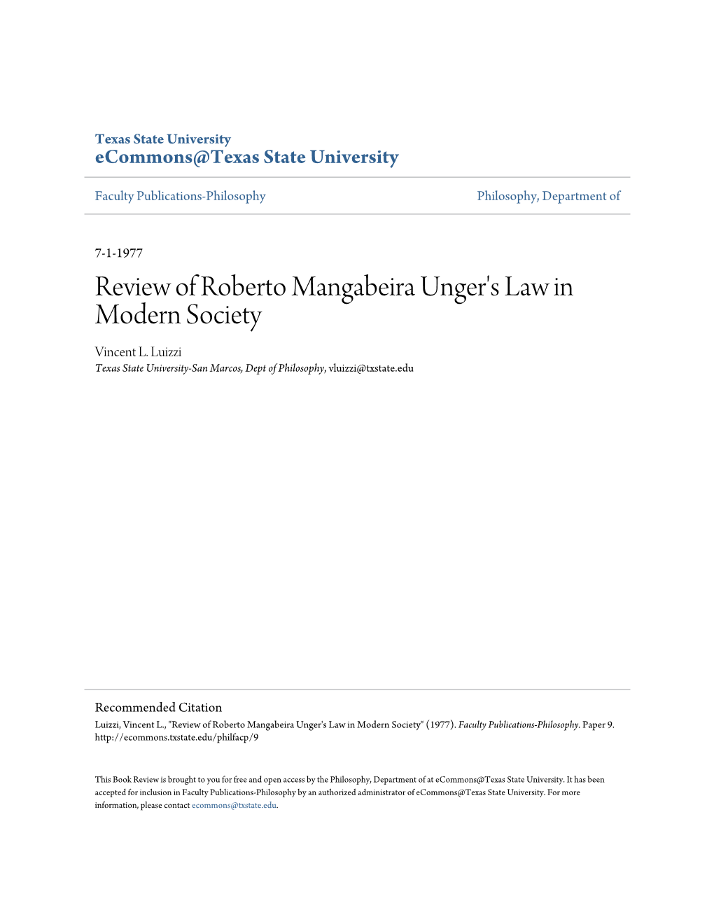 Review of Roberto Mangabeira Unger's Law in Modern Society Vincent L