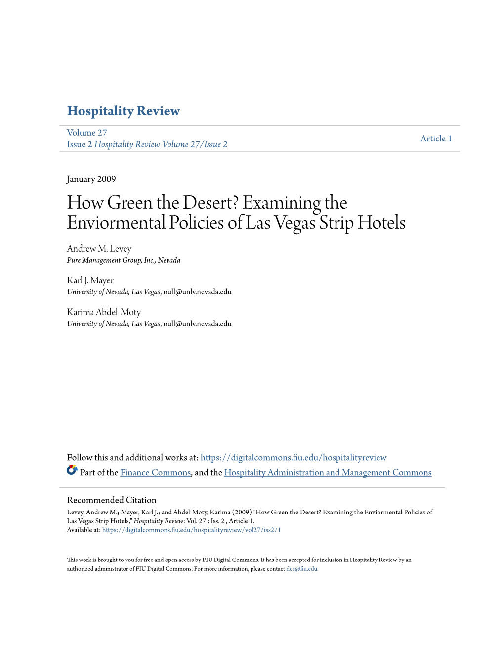 Examining the Enviormental Policies of Las Vegas Strip Hotels Andrew M