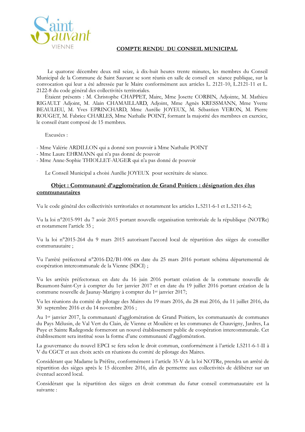 Compte Rendu Du Conseil Municipal Du 14 Décembre