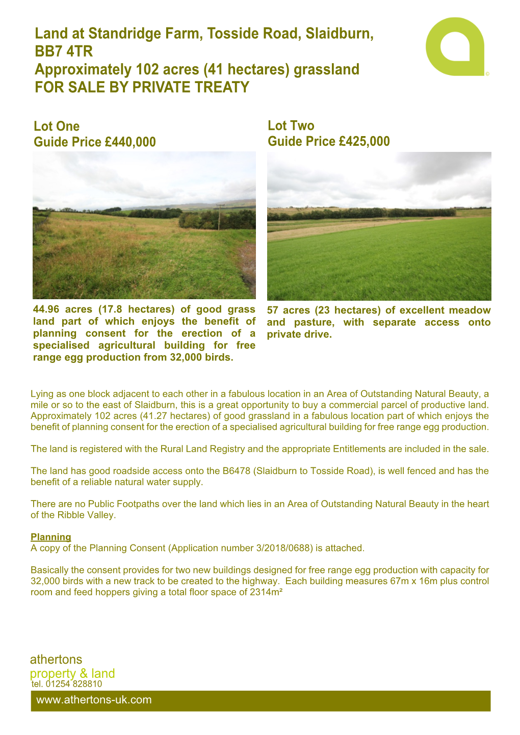 Land at Standridge Farm, Tosside Road, Slaidburn, BB7 4TR Approximately 102 Acres (41 Hectares) Grassland for SALE by PRIVATE TREATY