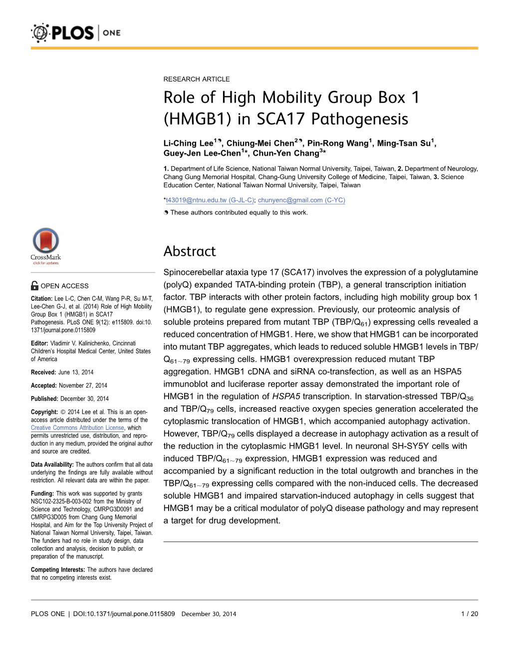 Role of High Mobility Group Box 1 (HMGB1) in SCA17 Pathogenesis