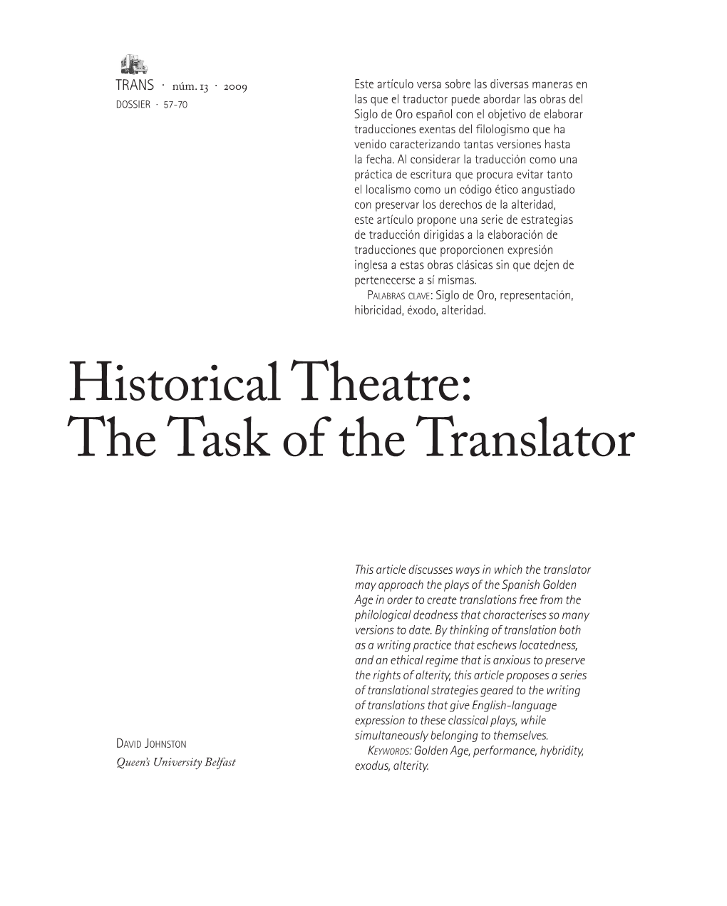 Historical Theatre: the Task of the Translator