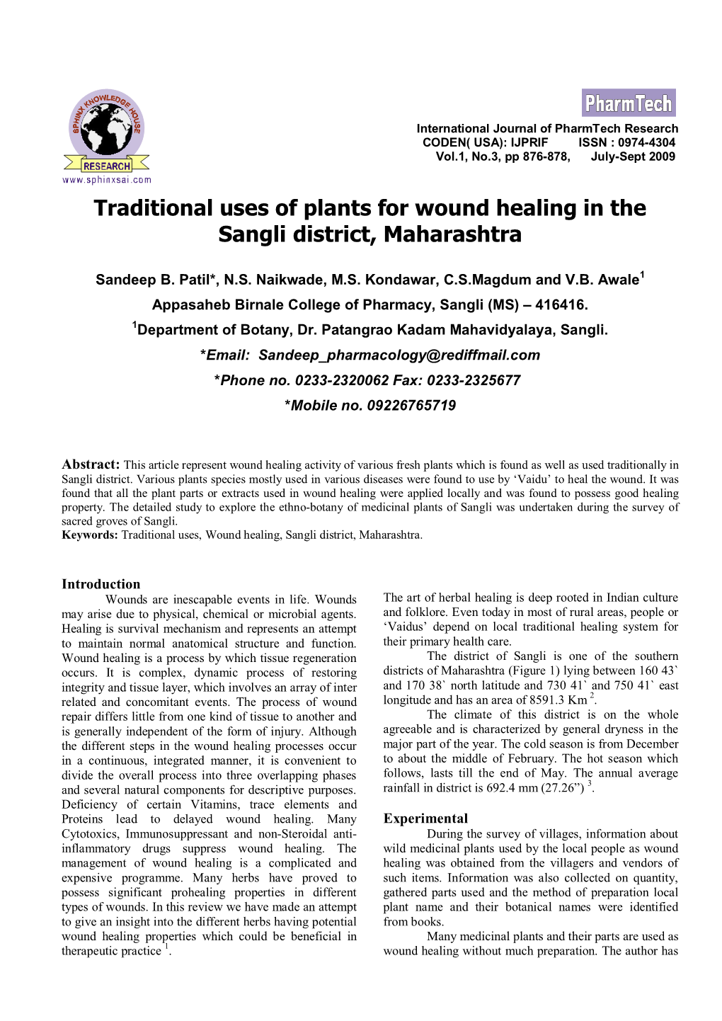Traditional Uses of Plants for Wound Healing in the Sangli District, Maharashtra