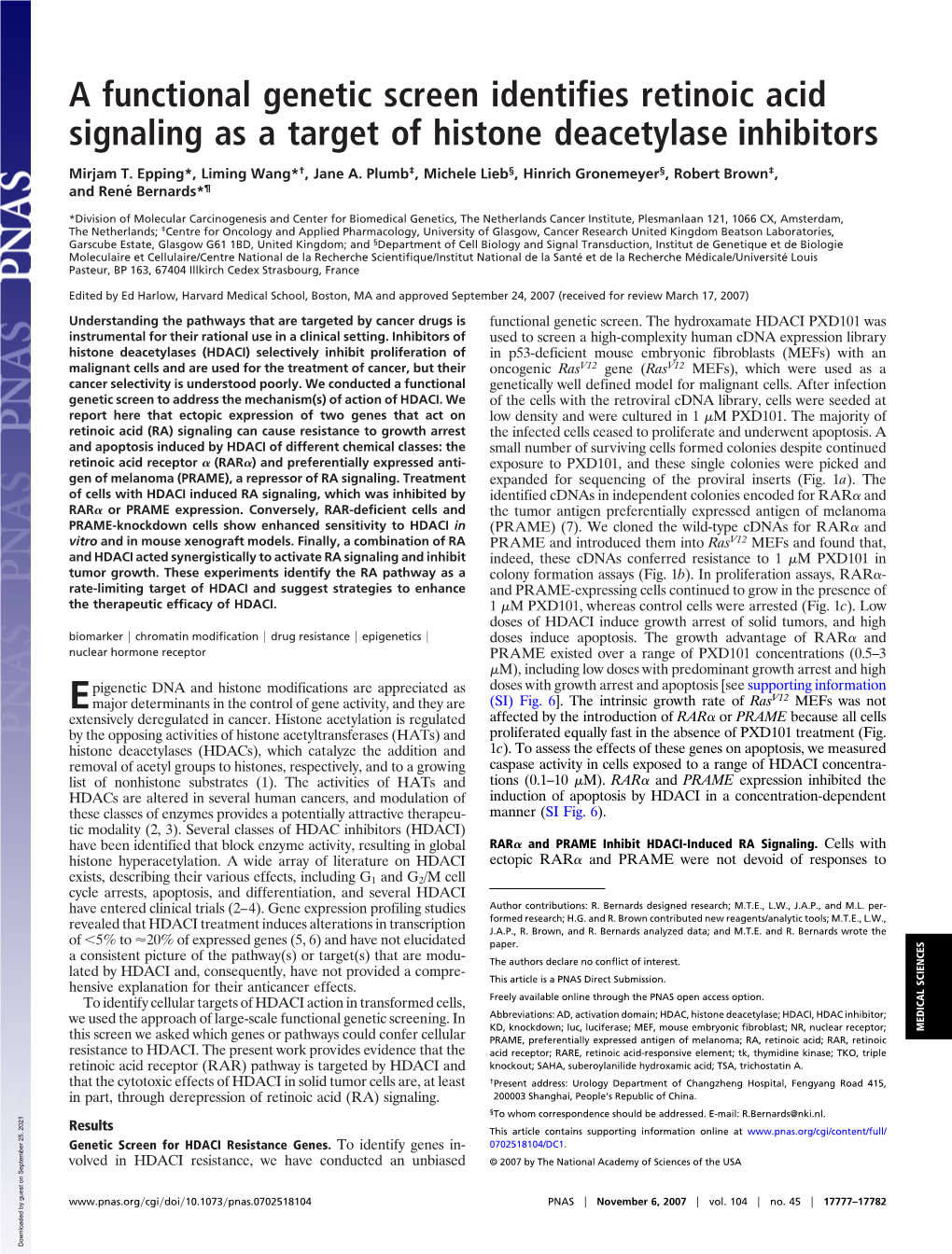 A Functional Genetic Screen Identifies Retinoic Acid Signaling As a Target of Histone Deacetylase Inhibitors