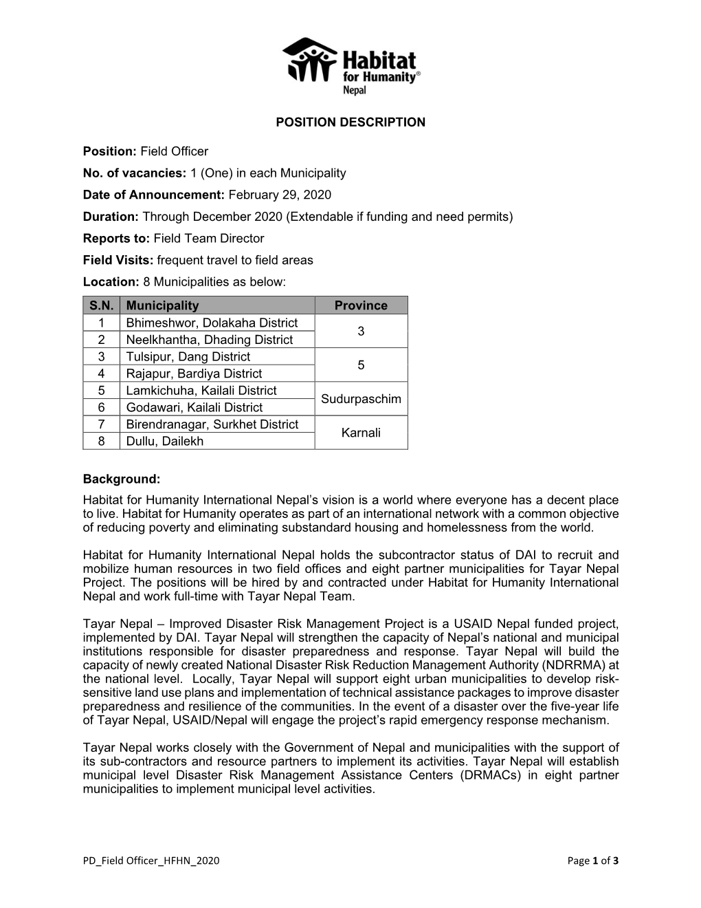 Field Officer No. of Vacancies: 1 (One) in Each Municipality Date Of