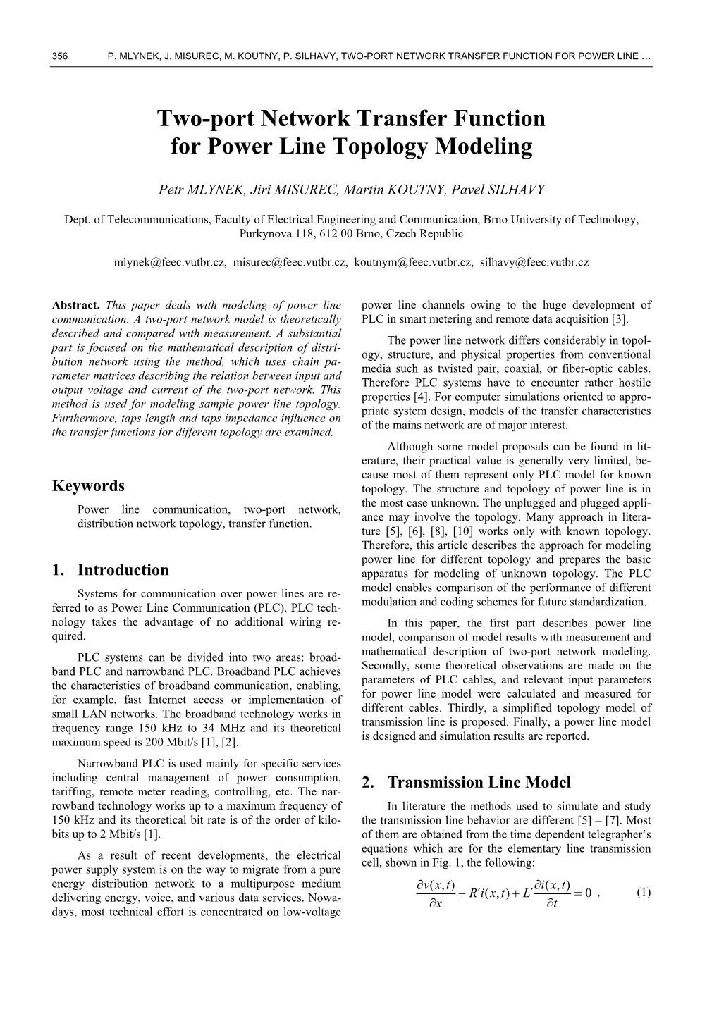 Two-Port Network Transfer Function for Power Line Topology Modeling