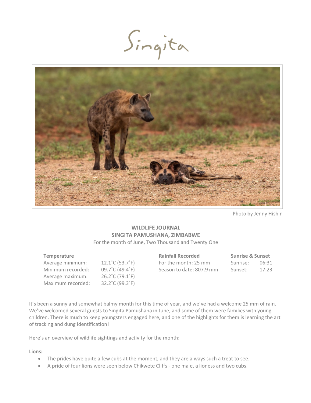 WILDLIFE JOURNAL SINGITA PAMUSHANA, ZIMBABWE for the Month of June, Two Thousand and Twenty One