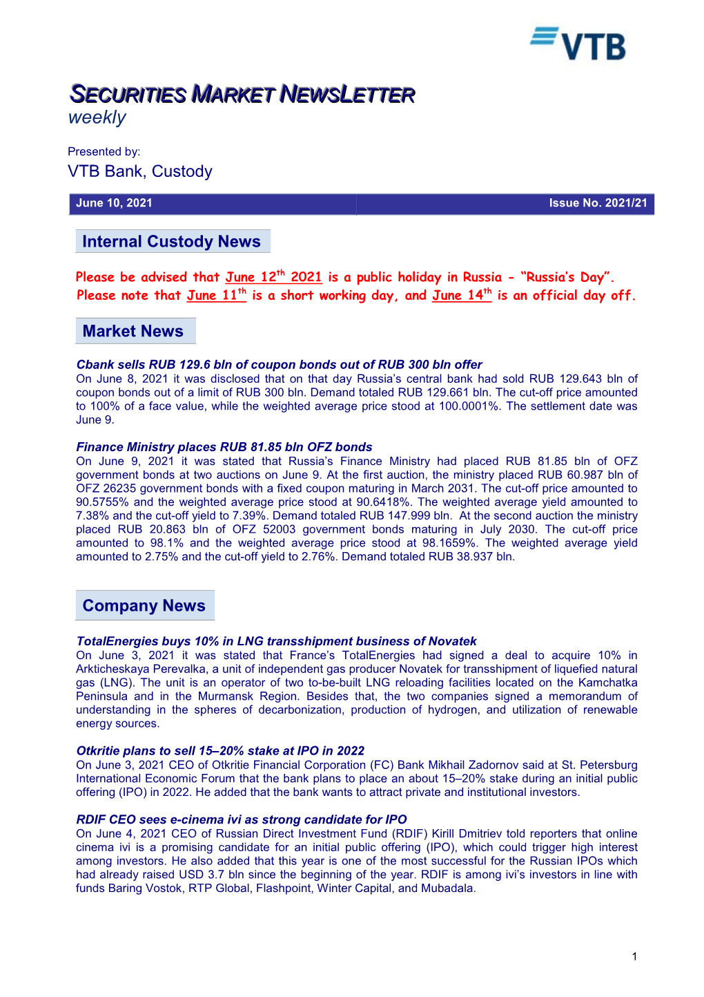 SECURITIES MARKET NEWS LETTER Weekly