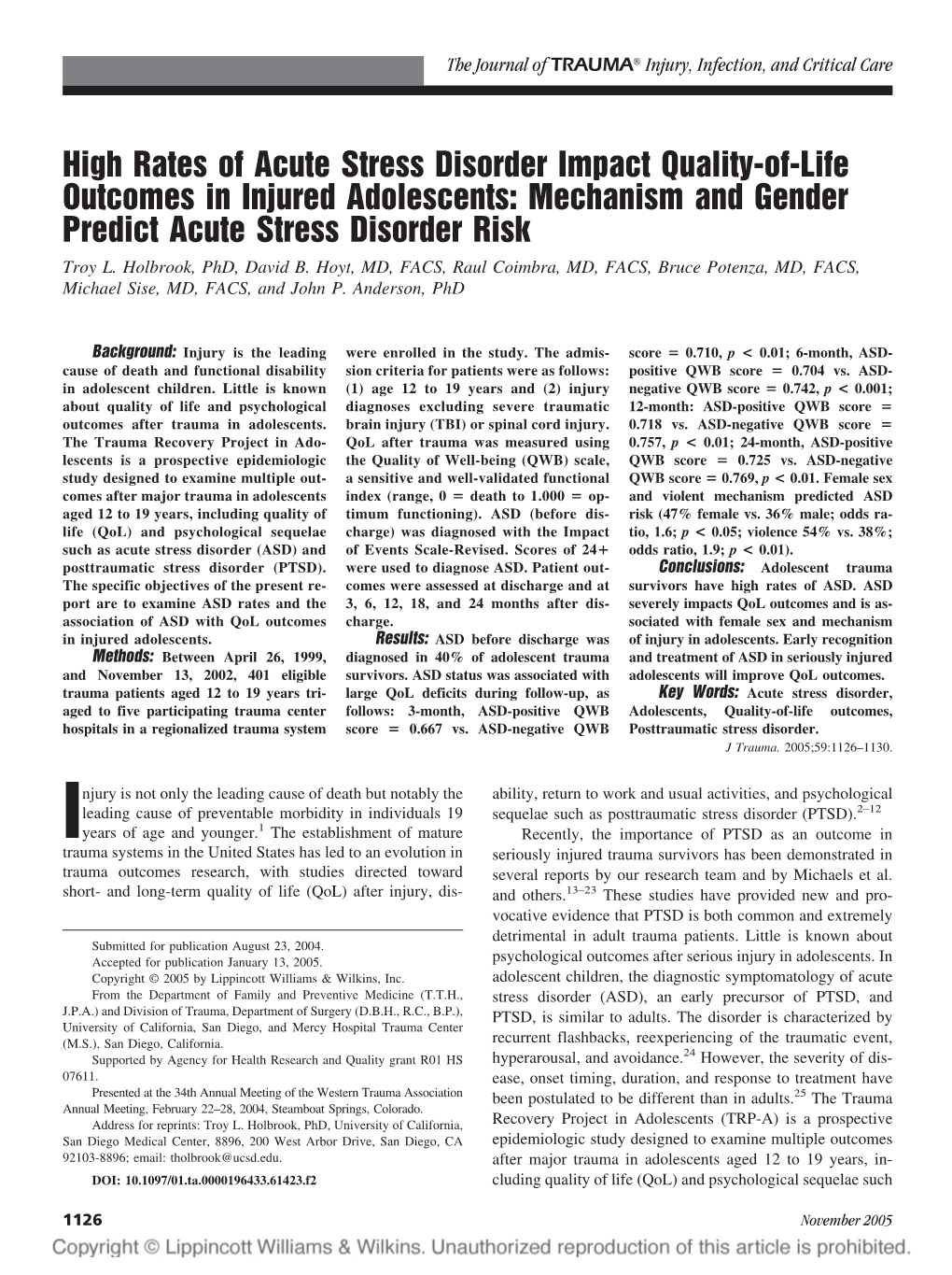 High Rates of Acute Stress Disorder Impact Quality-Of-Life Outcomes in Injured Adolescents: Mechanism and Gender Predict Acute Stress Disorder Risk Troy L