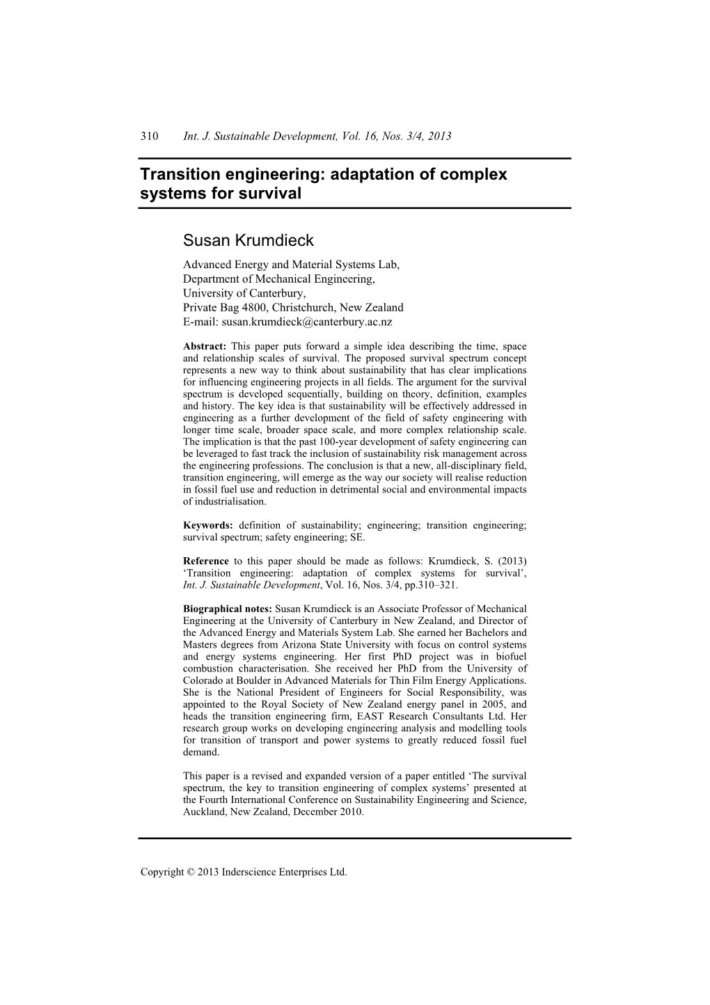 Transition Engineering: Adaptation of Complex Systems for Survival Susan