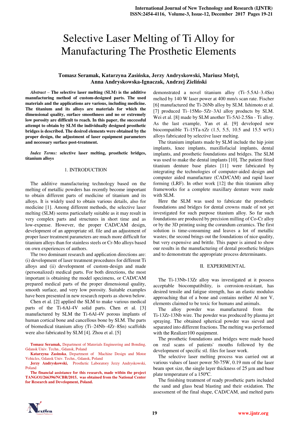 Selective Laser Melting of Ti Alloy for Manufacturing the Prosthetic Elements