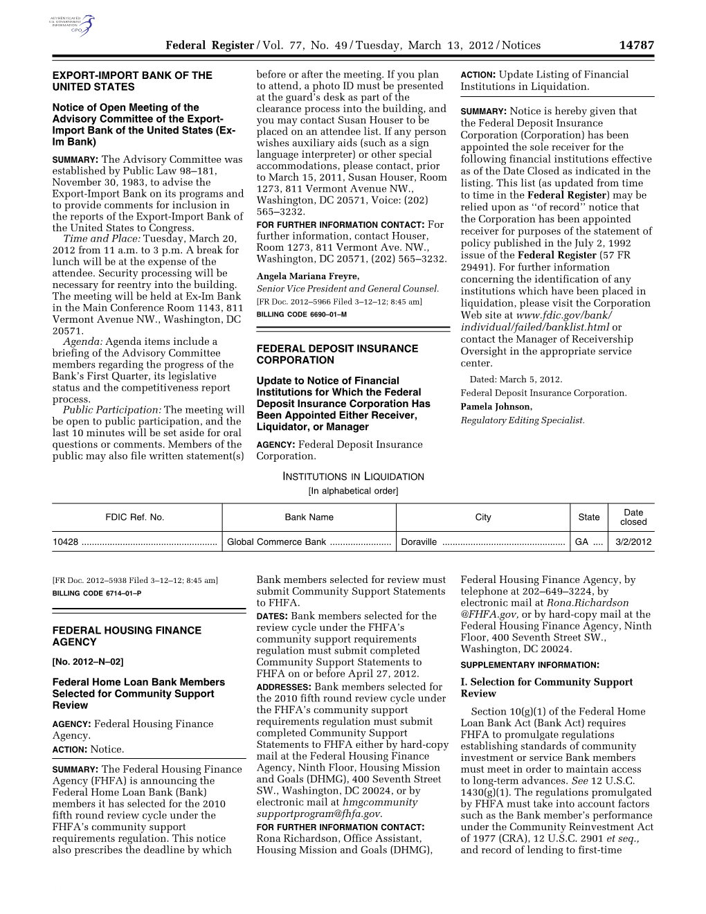 Federal Register/Vol. 77, No. 49/Tuesday, March 13, 2012/Notices