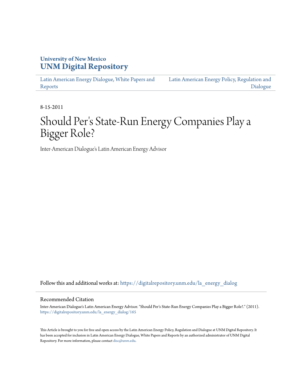 Should Per's State-Run Energy Companies Play a Bigger Role? Inter-American Dialogue's Latin American Energy Advisor