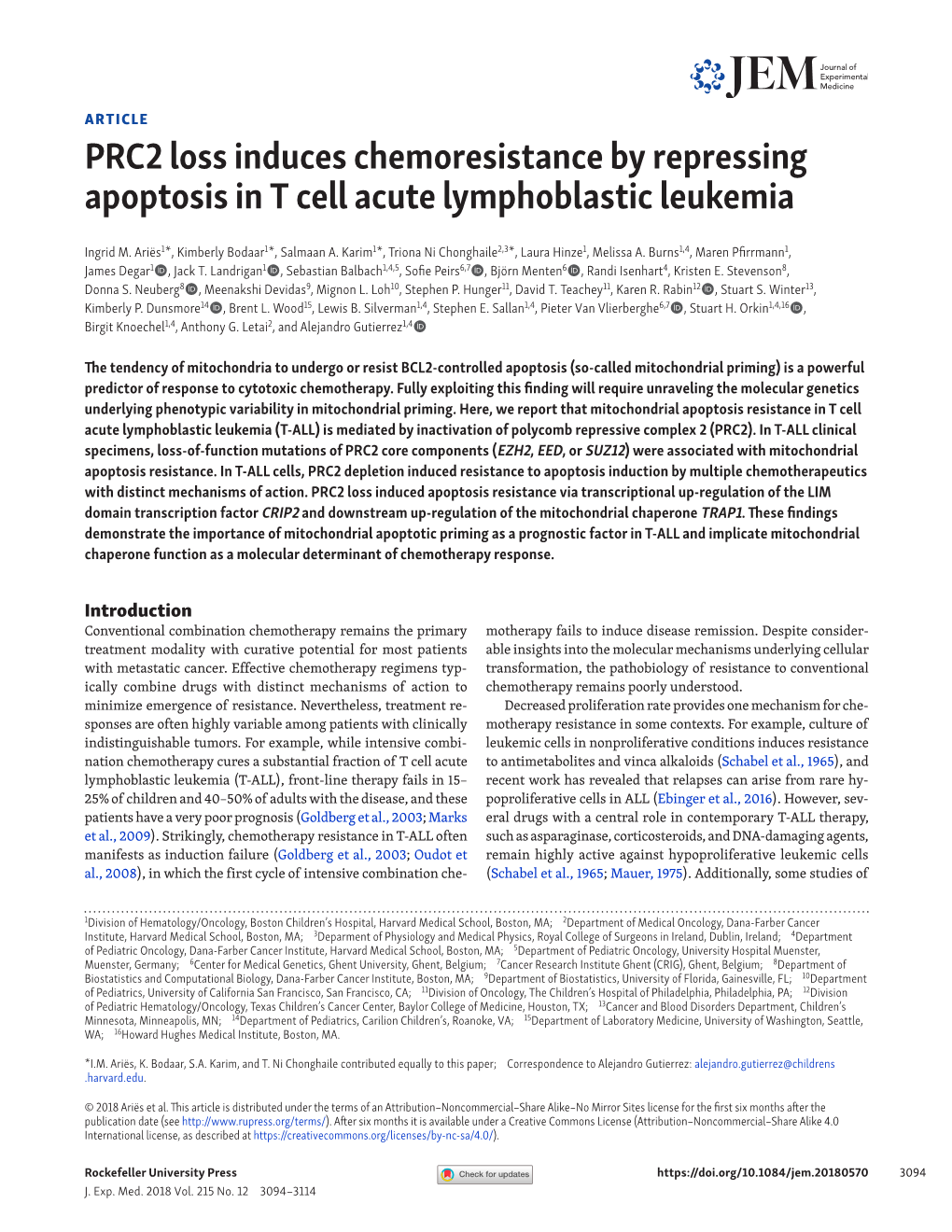 PRC2 Loss Induces Chemoresistance by Repressing Apoptosis in T Cell Acute Lymphoblastic Leukemia