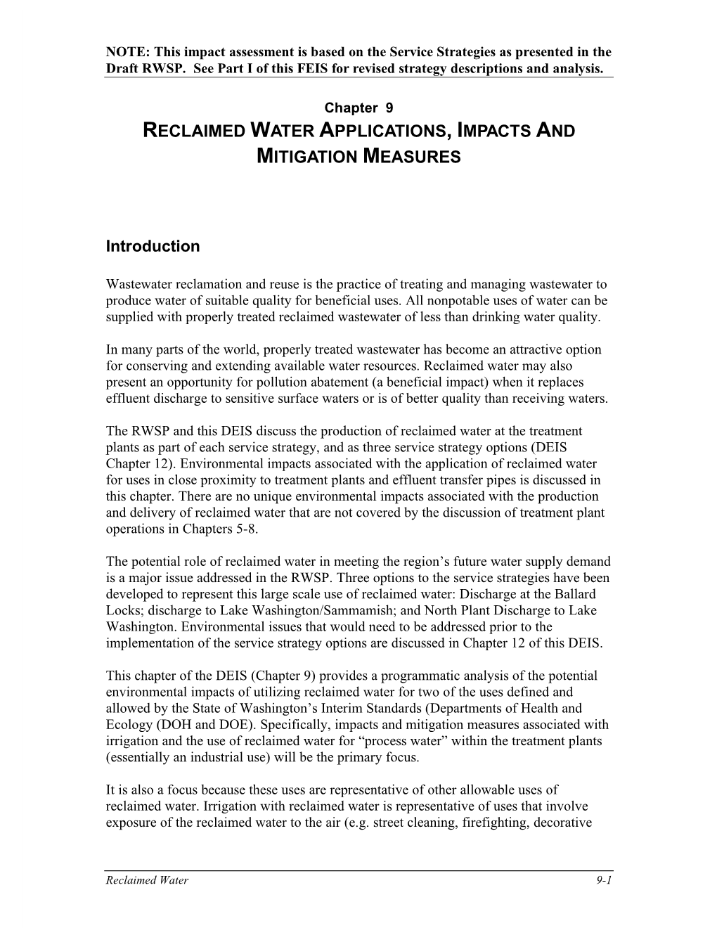 Reclaimed Water Applications, Impacts and Mitigation Measures