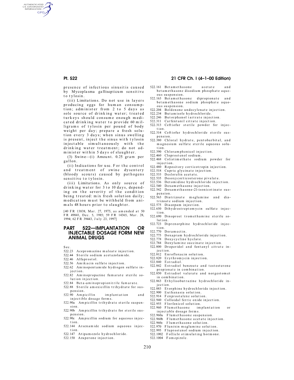 210 Part 522—Implantation Or Injectable Dosage Form New Animal Drugs