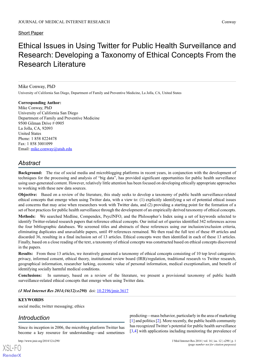 Ethical Issues in Using Twitter for Public Health Surveillance and Research: Developing a Taxonomy of Ethical Concepts from the Research Literature