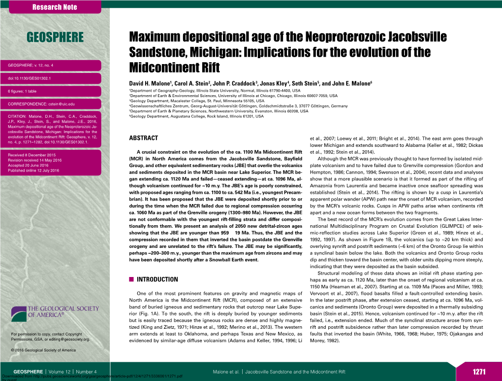 Maximum Depositional Age of the Neoproterozoic Jacobsville Sandstone, Michigan: Implications for the Evolution of the GEOSPHERE; V