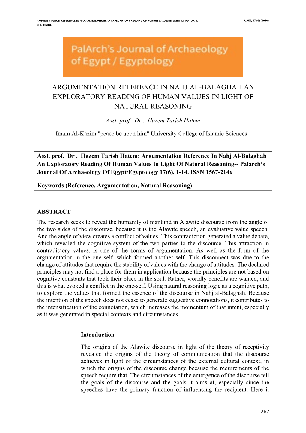 Argumentation Reference in Nahj Al-Balaghah an Exploratory Reading of Human Values in Light of Natural Pjaee, 17 (6) (2020) Reasoning