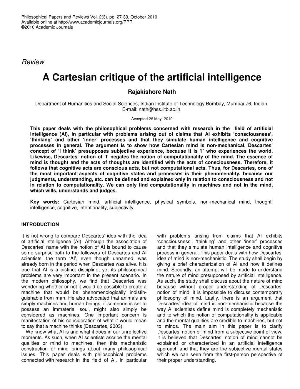 A Cartesian Critique of the Artificial Intelligence