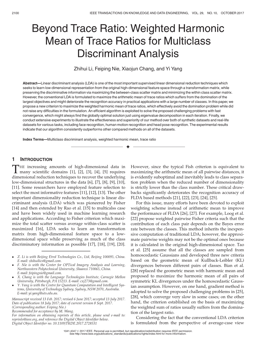 Weighted Harmonic Mean of Trace Ratios for Multiclass Discriminant Analysis