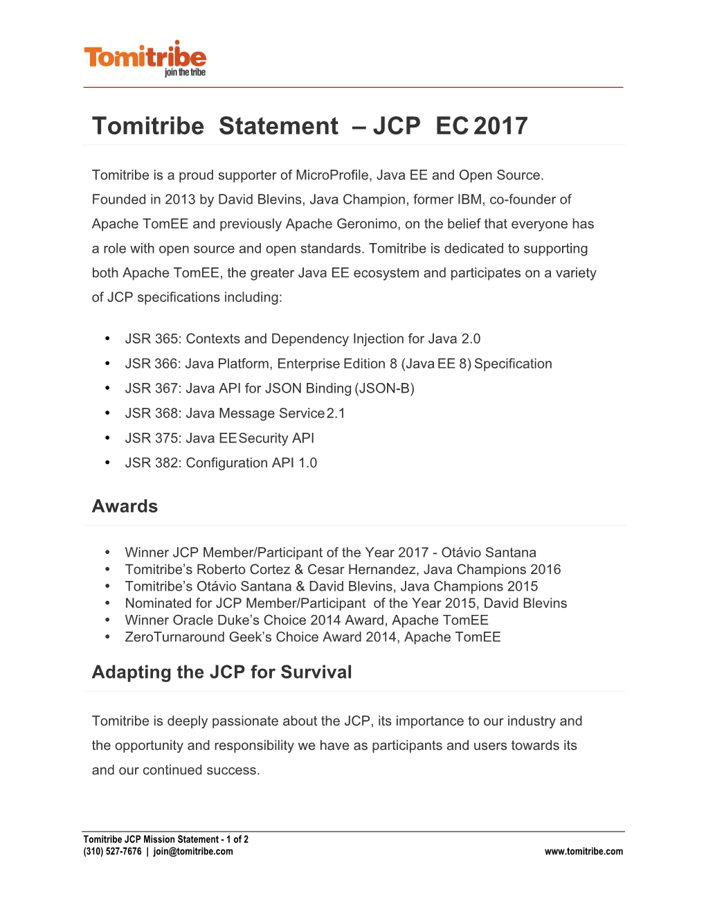 Tomitribe Position Statement