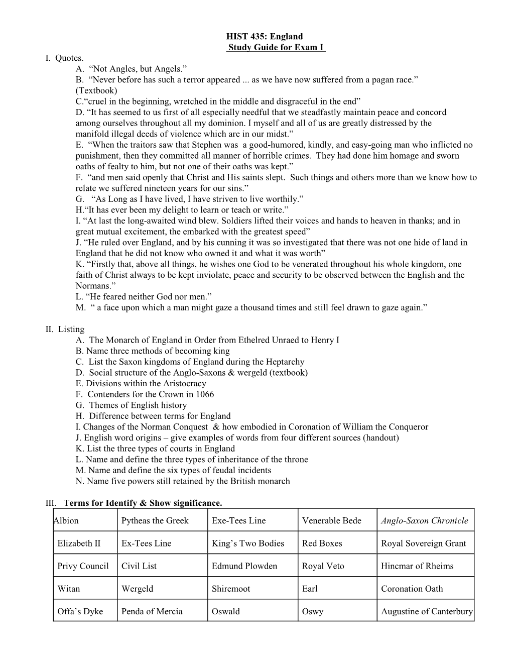 HIST 435: England Study Guide for Exam I I. Quotes. A. “Not Angles, but Angels.” B