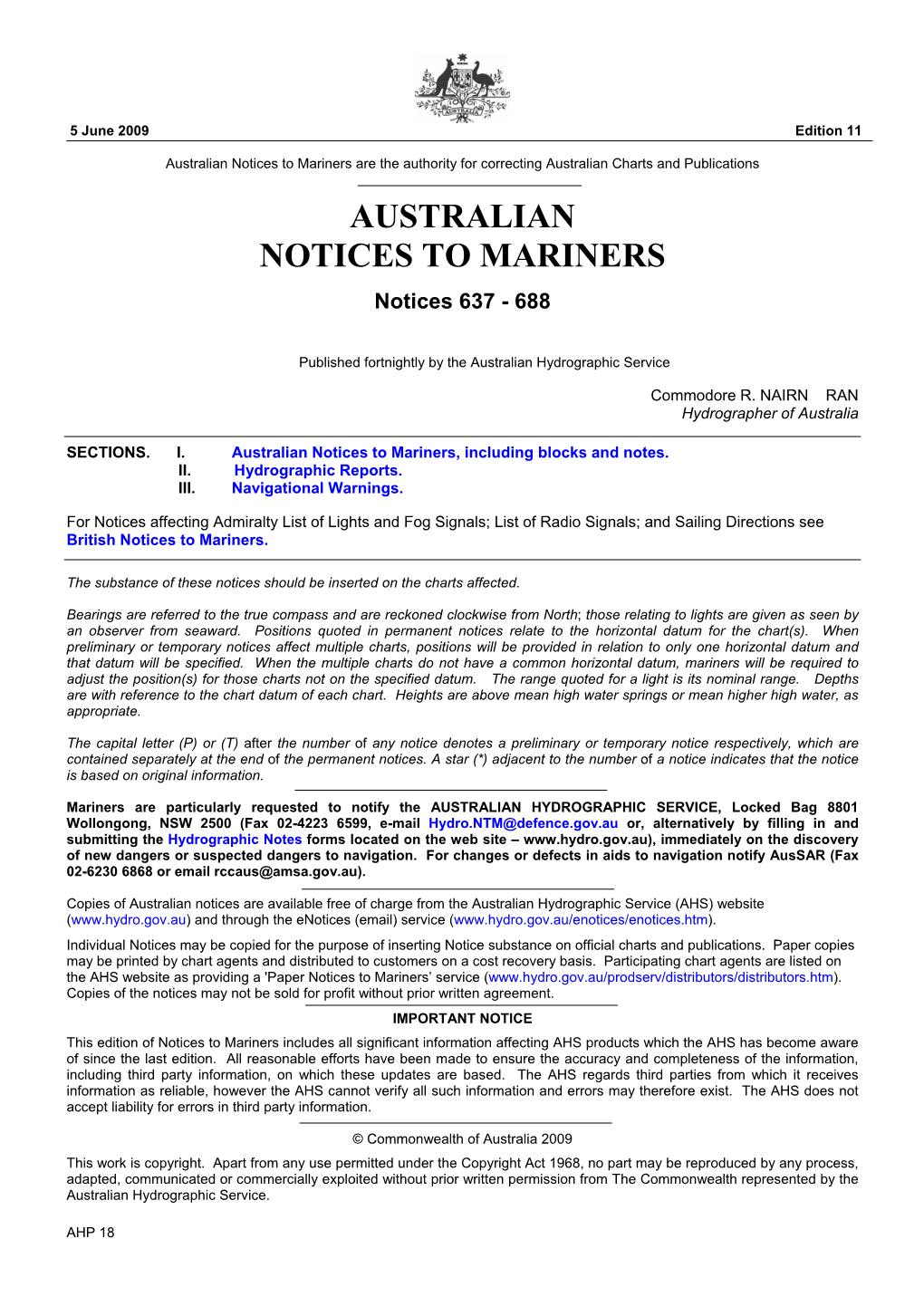 Australian Notices to Mariners Are the Authority for Correcting Australian Charts and Publications