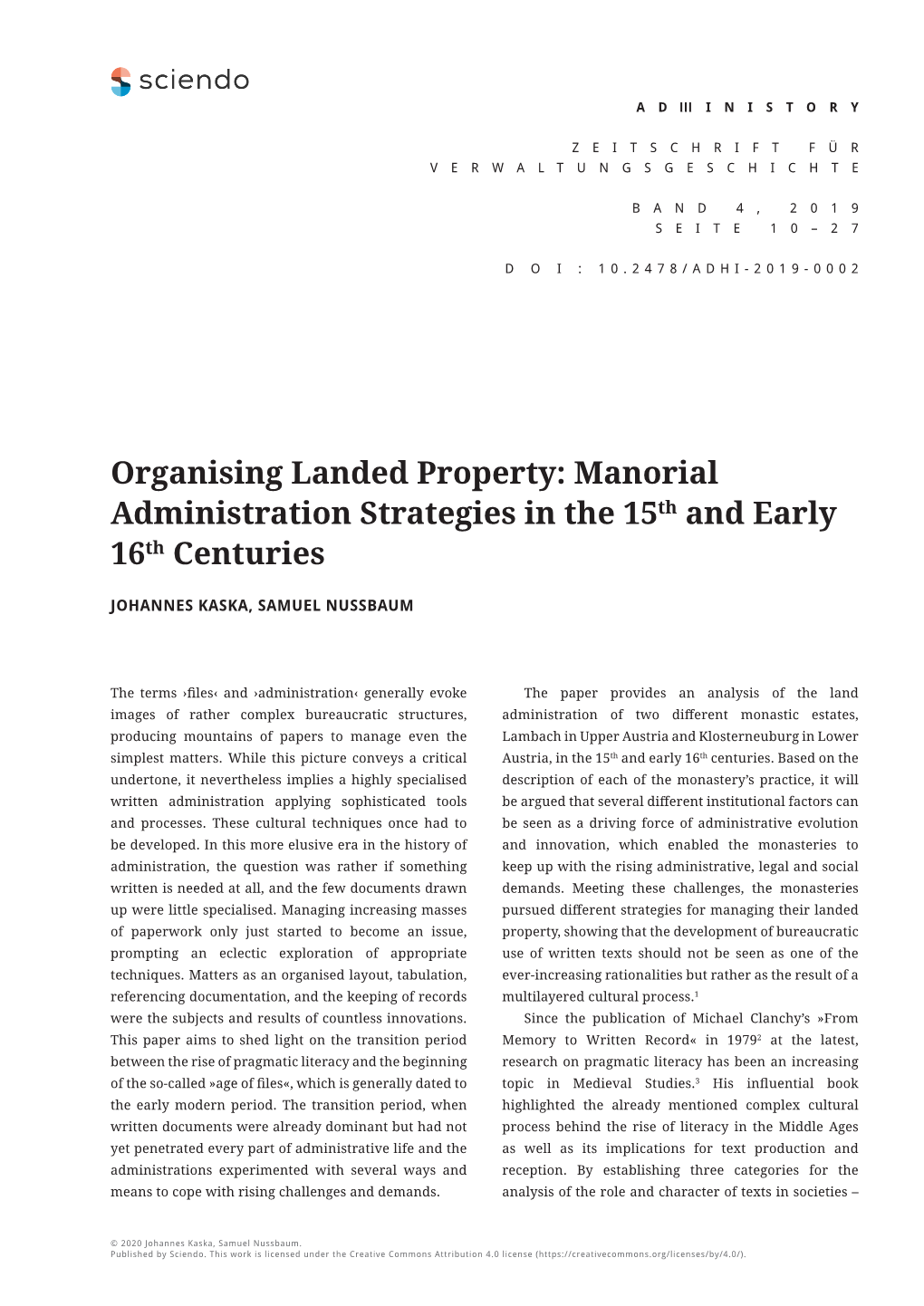 Organising Landed Property: Manorial Administration Strategies in the 15Th and Early 16Th Centuries