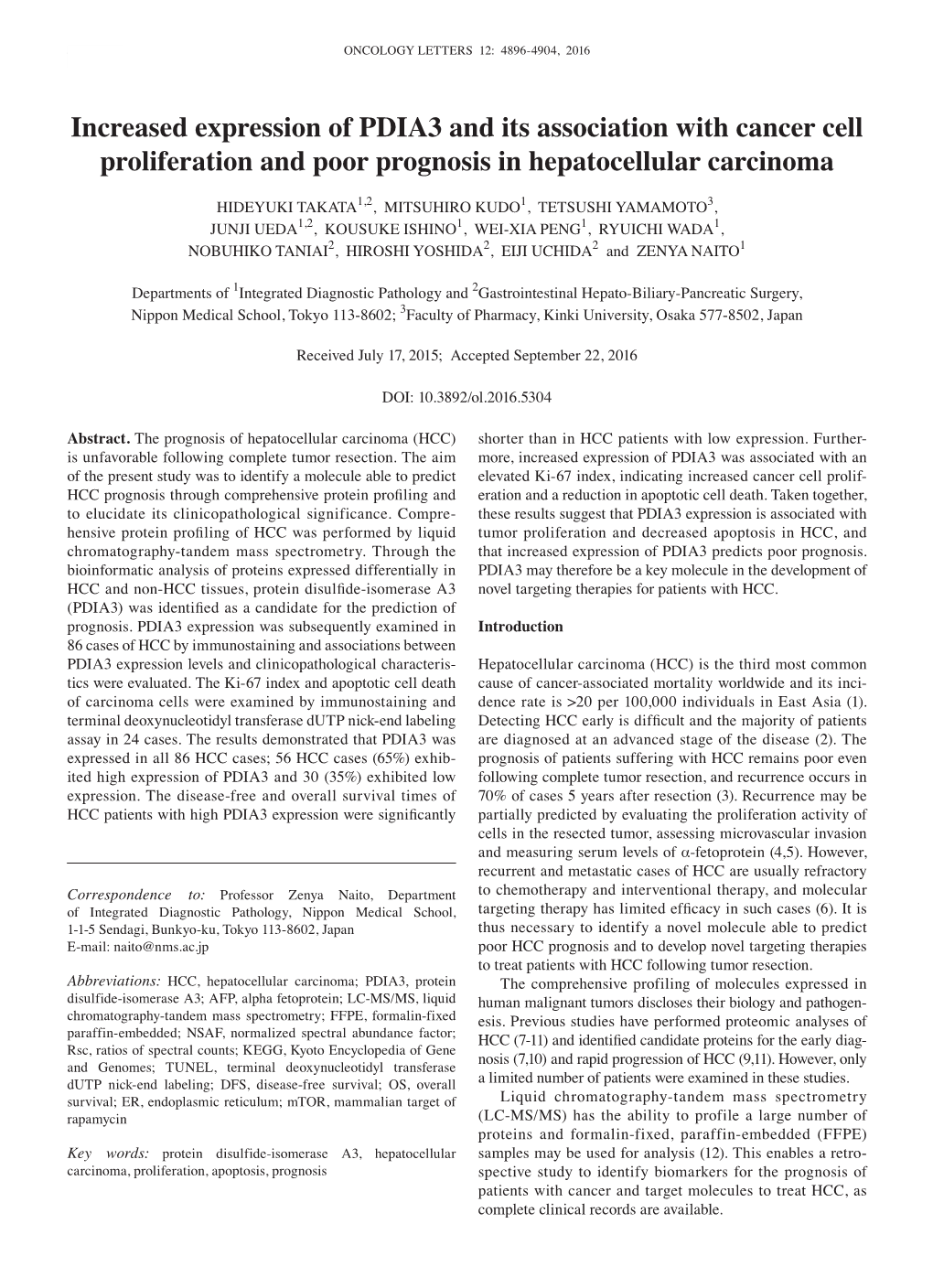 Increased Expression of PDIA3 and Its Association with Cancer Cell Proliferation and Poor Prognosis in Hepatocellular Carcinoma