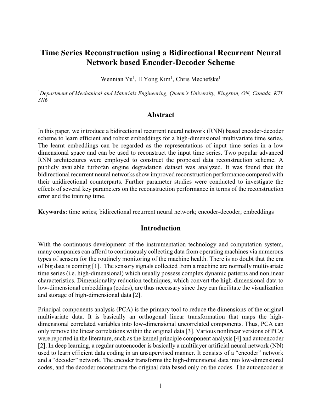 Time Series Reconstruction Using a Bidirectional Recurrent Neural Network Based Encoder-Decoder Scheme